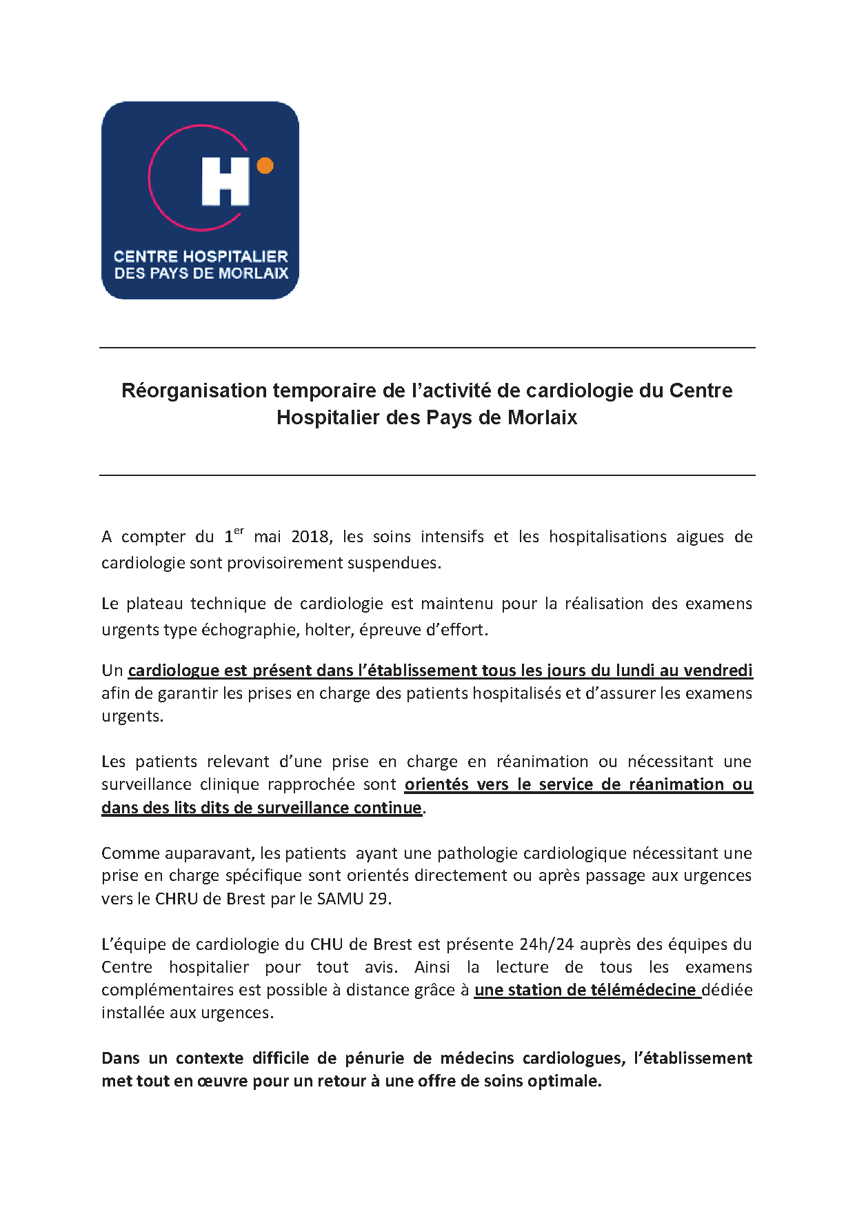 Réorganisation temporaire service de Cardiologie